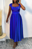 ブルー セクシー ソリッド パッチワーク スクエア カラー ストレート ドレス