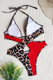 Red Fashion Sexy Print Leopard Bandage Patchwork Backless Swimwears (Met Paddings)