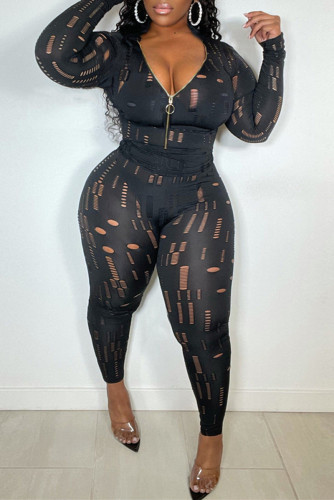 Black Fashion Sexy Solid Ripped Hollowed Out See-through Zipper Collar Long Sleeve Two Pieces