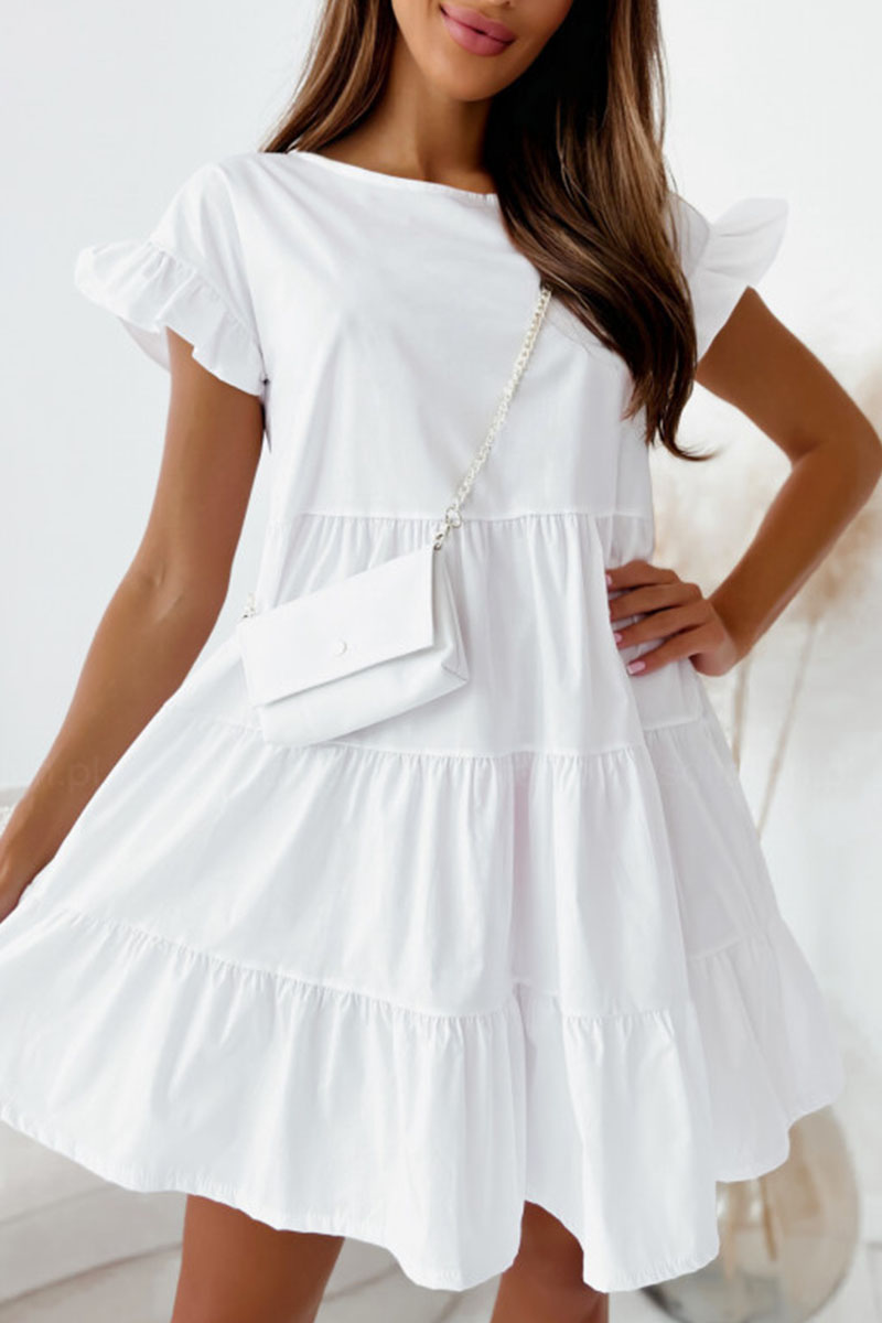 

White Casual Solid Patchwork Fold Stringy Selvedge O Neck A Line Dresses