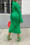 Vestidos de saia de um passo com fivela de patchwork sólido verde casual