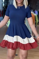 ネイビー ブルー カジュアル ソリッド パッチワーク O ネック ケーキ スカート ドレス