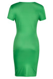 Vestidos de falda de un paso con cuello en V de patchwork con estampado de calle casual verde