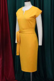 Yellow Casual Solid Bandage Patchwork V Neck One Step Skirt Dresses