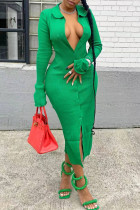 グリーン カジュアル ソリッド パッチワーク バックル ターンダウン カラー ワンステップ スカート ドレス