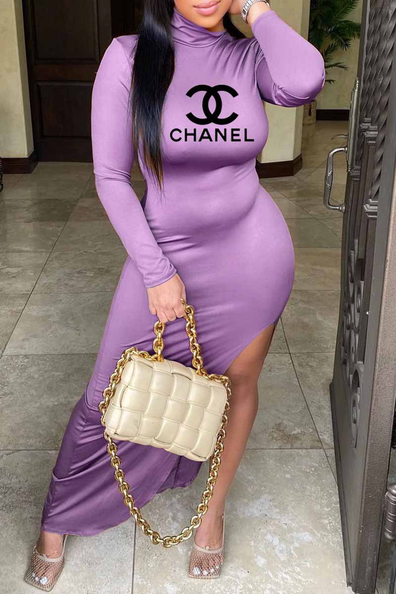 

Purple Fashion Casual Print Letter O Neck Irregular Dress Dresses
