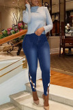 Lichtblauwe casual effen uitgeholde patchworkkettingen Denim jeans met hoge taille