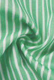 グリーンイエローカジュアルストライププリントパッチワークバックルターンダウンカラー長袖ツーピース