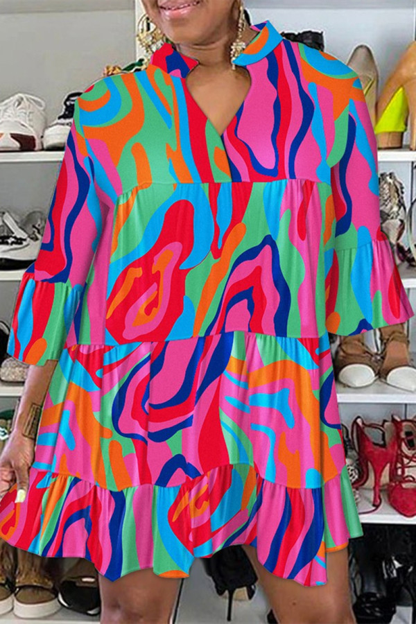 Multicolor Fashion Casual Print Patchwork V-Ausschnitt bedrucktes Kleid