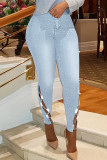 Middelblauwe casual effen uitgeholde patchworkkettingen Denim jeans met hoge taille