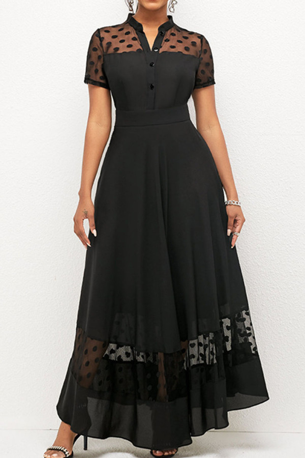 Черные элегантные платья в стиле пэчворк в горошек с круглым вырезом и пряжкой