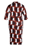 Orange Red Casual Print Patchwork V Neck One Step Skirt Plus Size Dresses