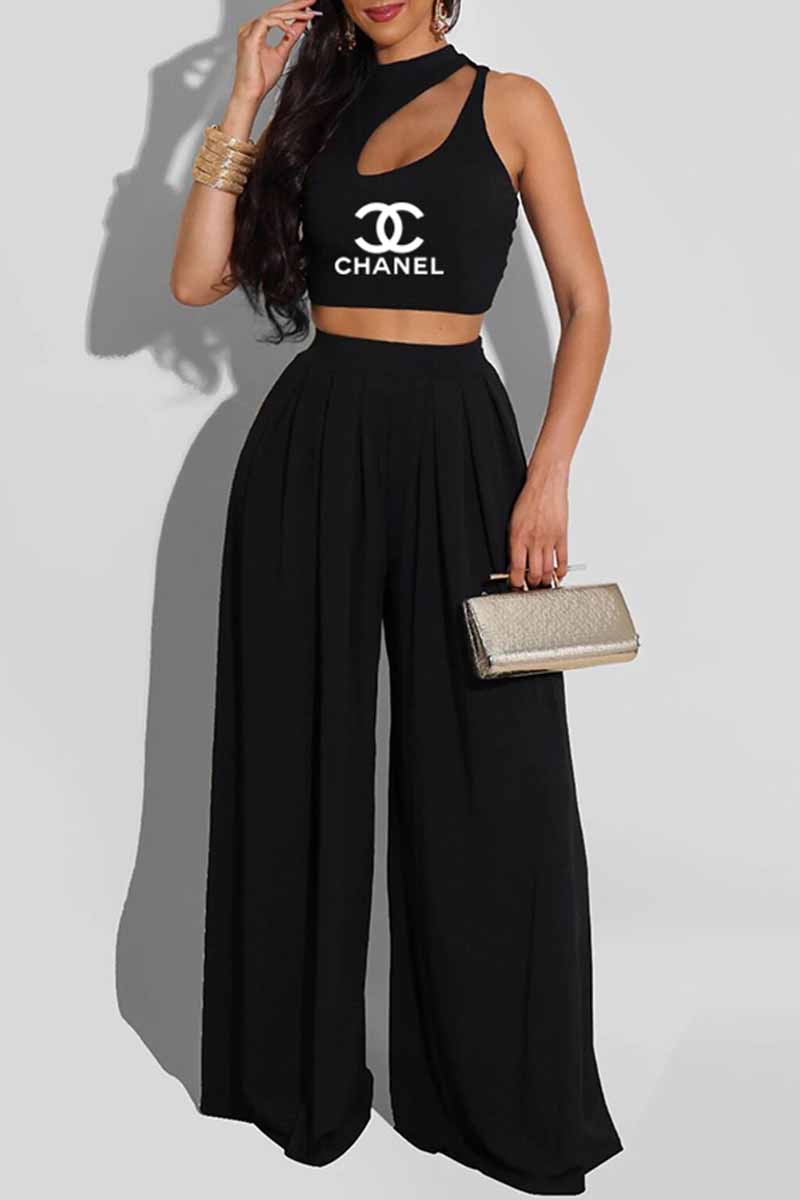 

Black Fashion Casual Print Letter O Neck Sleeveless Two Pieces
