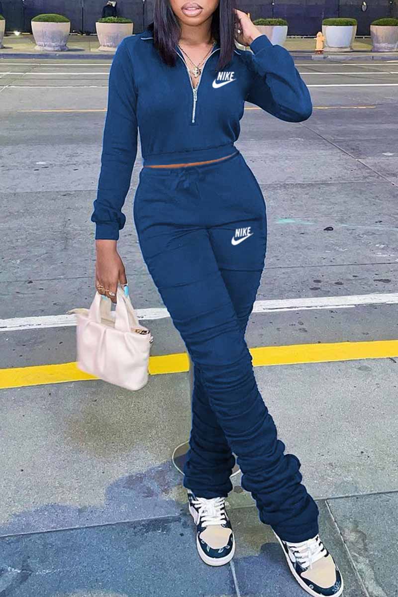 

Blue Fashion Casual Letter Embroidered Zipper Collar Long Sleeve Two Pieces