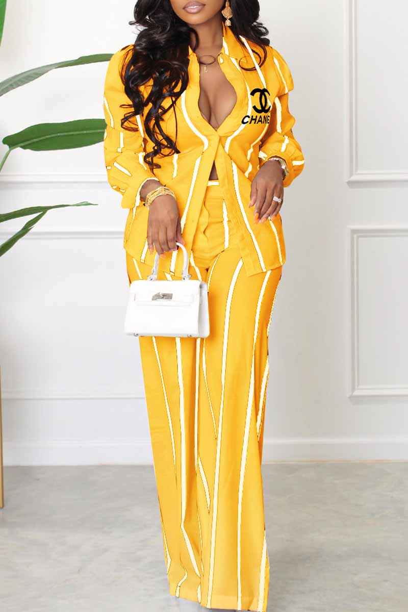 

Yellow Fashion Elegant Striped Letter Turndown Collar Long Sleeve Two Pieces