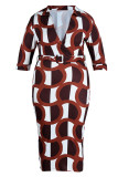 ブルゴーニュカジュアルプリントパッチワークVネックワンステップスカートプラスサイズのドレス