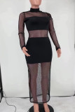 Schwarze, sexy, durchsichtige Patchwork-Kleider mit halbem Rollkragen und One-Step-Rock