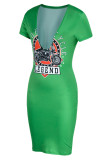 グリーンカジュアルストリートプリントパッチワークVネックワンステップスカートドレス