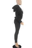 Negro casual sólido bordado patchwork cuello con capucha manga larga dos piezas