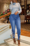Mellanblå Casual Solid ihåliga lapptäckskedjor Hög midja jeans