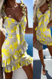 Vestido de tirante de espagueti con orillo fibroso de patchwork con estampado de vacaciones amarillo Vestidos