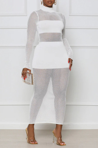 White Sexy Solid Patchwork See-through Half A Turtleneck One Step Skirt Dresses