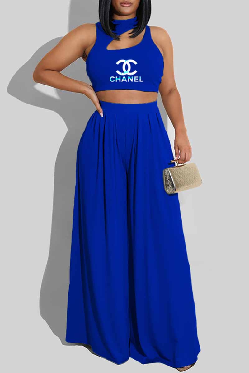 Blue Fashion Casual Print Letter O Neck Sleeveless Two Pieces