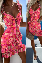 Roze vakantie print patchwork stringy zelfkant spaghetti band Sling jurk jurken
