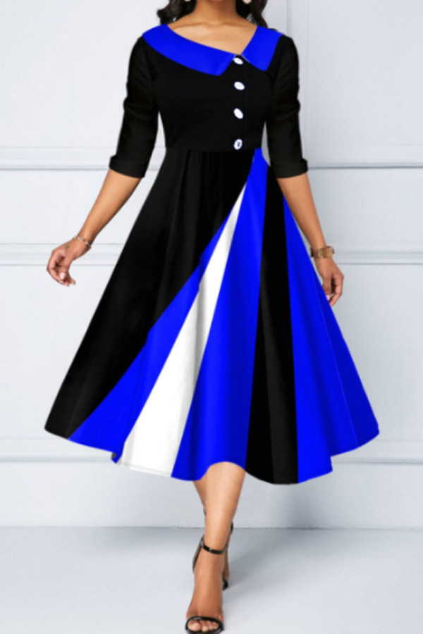 Синие повседневные однотонные пуговицы в стиле пэчворк с отложным воротником, платья трапециевидной формы