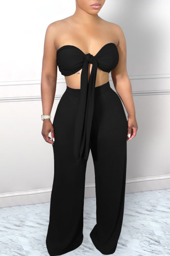 Black Sexy Solid Bandage Patchwork Halter Sleeveless Two Pieces