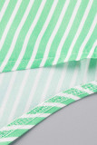 グリーンイエローカジュアルストライププリントパッチワークバックルターンダウンカラー長袖ツーピース