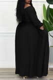 Vestidos tamanho grande preto casual atadura sólida com fivela de retalhos
