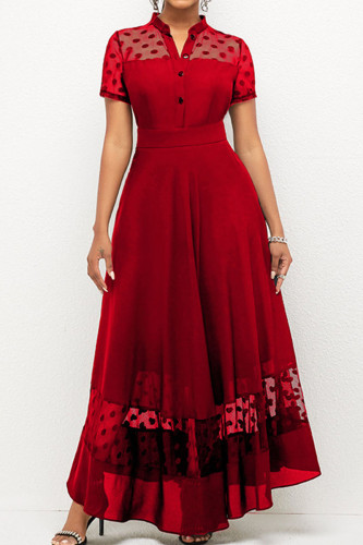 Бордовые элегантные лоскутные платья в горошек с пряжкой и круглым вырезом