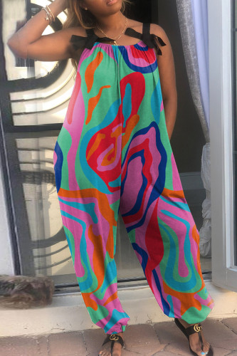 Multicolor Fashion Casual Print Patchwork Backless Spaghetti Strap Regular Jumpsuits