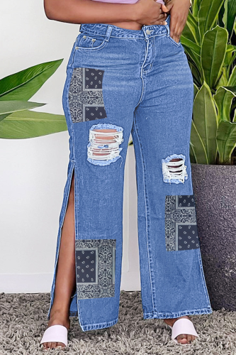 Blue Casual Patchwork Ripped Slit Mid Waist Boot Cut Denim Jeans