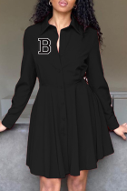 ブラック ファッション プリント パッチワーク ターンダウン カラー シャツ ドレス ドレス