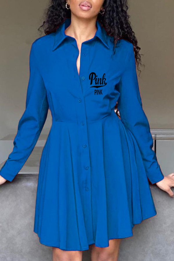 ブルー カジュアル プリント パッチワーク ターンダウン カラー シャツドレス ドレス