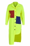 Fluorescerande grönt Mode vuxen Ma'am Street Shirt-ärmar Långa ärmar Turndown-krage Asymmetrisk ankellång Patchwork Solida klänningar