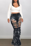 Black Street Solid Tofs Ripped Make Old Patchwork High Waist jeans jeans