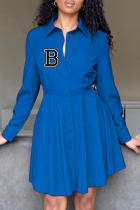 ブルーファッションプリントパッチワークターンダウンカラーシャツドレスドレス