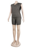 Dark Gray Fashion Casual Solid Patchwork V Neck Sleeveless Two Pieces