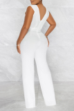 White Casual Solid Patchwork V Neck Straight Jumpsuits