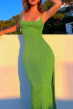 Verde Sexy Sólido Dibujar Cadena Correa de espagueti Lápiz Vestidos de falda
