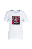 Schwarze, lässige, mit Lippen bedruckte Patchwork-T-Shirts mit O-Ausschnitt