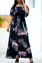 Zwarte mode print volant off-shoulder taille rok jurken