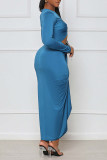 Pauwblauw Sexy effen uitgehold patchwork asymmetrische O-hals onregelmatige jurk Jurken