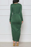 Green Sexy Solid Hollowed Out Patchwork Asymmetrical O Neck Irregular Dress Dresses