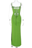 Vert Sexy Solid Draw String Spaghetti Strap Crayon Jupe Robes