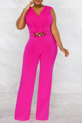 Rose Red Casual Solid Patchwork V-Ausschnitt Straight Jumpsuits