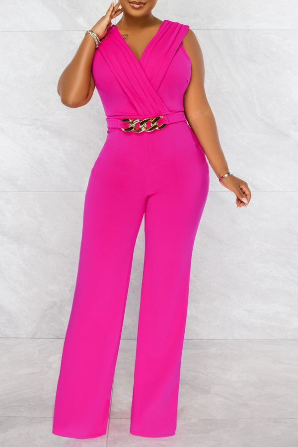 Rose Red Casual Solid Patchwork V Neck Straight Jumpsuits